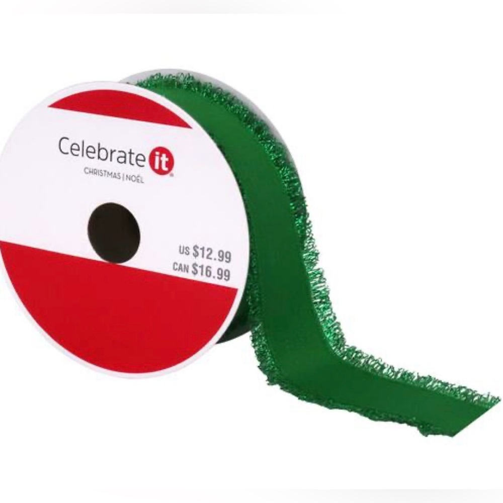 Celebrate It Green Grosgrain Tinsel Edge wired Ribbon 1.5" x 30ft.